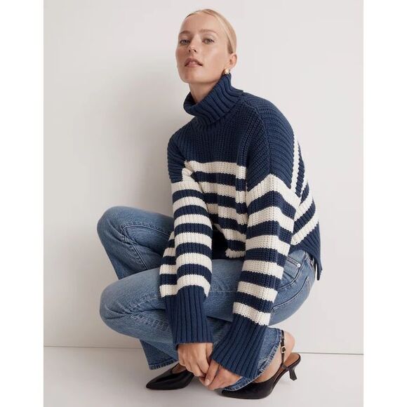 Madewell Sweaters - Madewell Wide Rib Turtleneck Sweater in Classic Indigo Stripe Medium